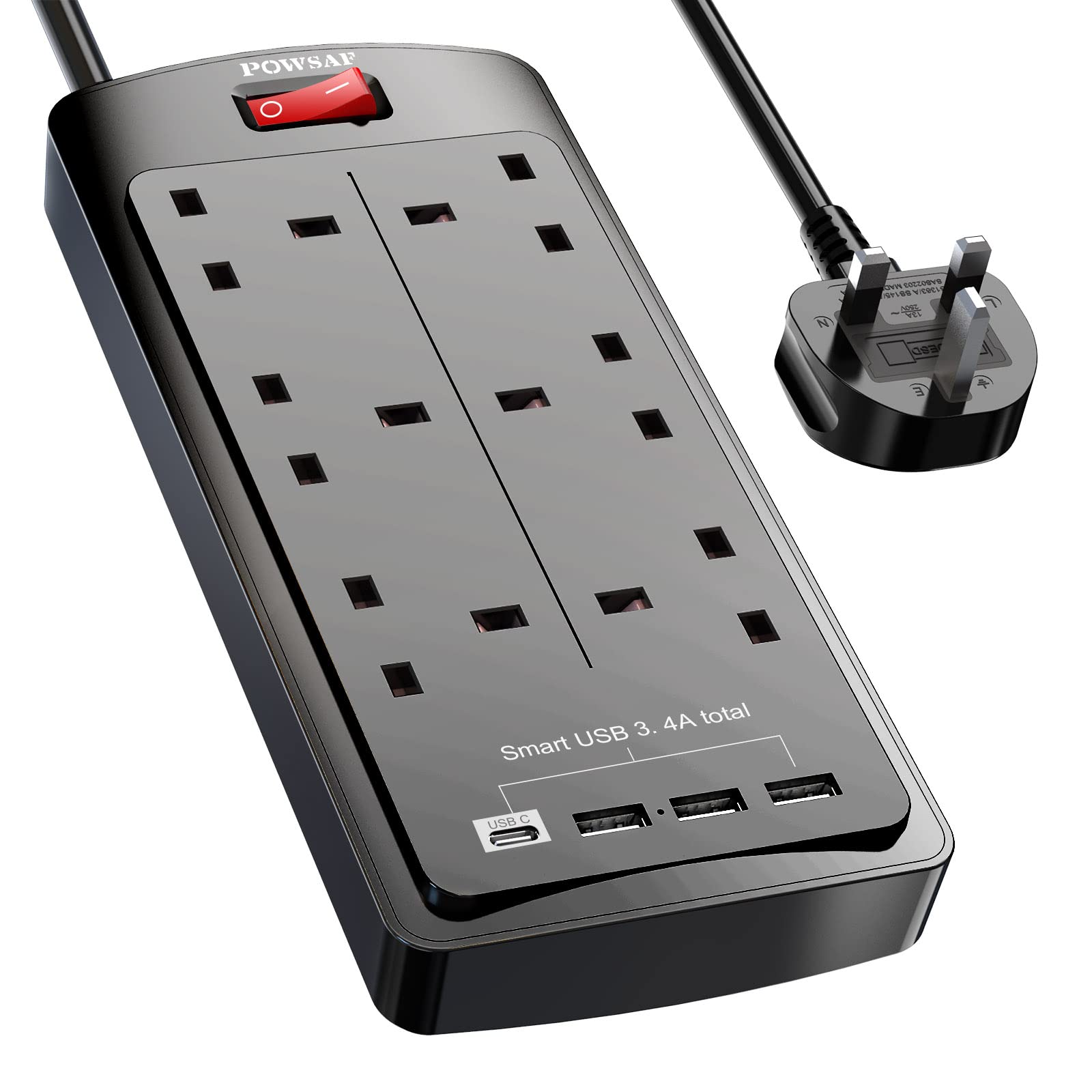 POWSAF 6-fach-Verlängerungskabel mit 4 USB-Steckplätzen (3,4 A, 1 Typ C und 3 USB-A-Anschlüsse), Steckdosenleisten-Verlängerungskabel mit 6 Steckern (UK) und 2 m Verlängerungskabel für Homeoffice und Reisen, Schwarz