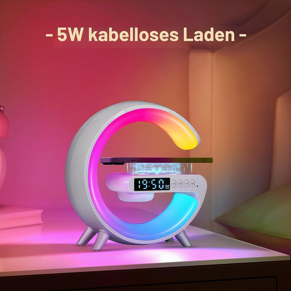 Intelligente 4-in-1 LED-Nachttischlampe mit Bluetooth-Lautsprecher & kabelloser Ladestation