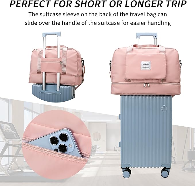 YUXES Faltbare Reisetasche mit großem Fassungsvermögen, Sporttasche Tragbare Wasserdichtes Erweiterbar Umhängetasche Gym Duffel Bag Damen Weekender Tasche Travel Handgepäck für Reisen（Rosa）