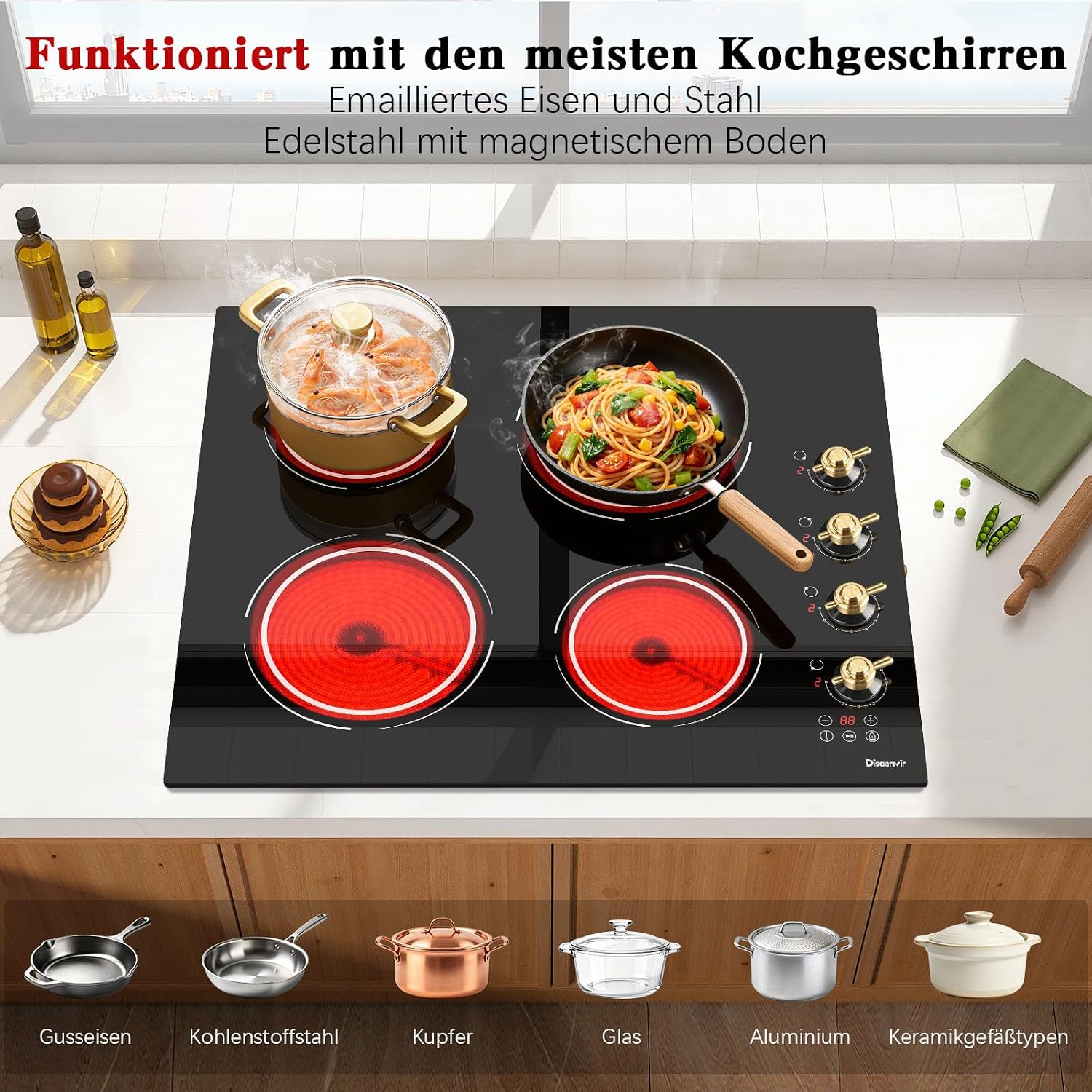 Glaskeramik Kochfeld 60 cm | Autark | 4 Kochzonen | 6000W | Drehregler | Timer | Kindersicherung