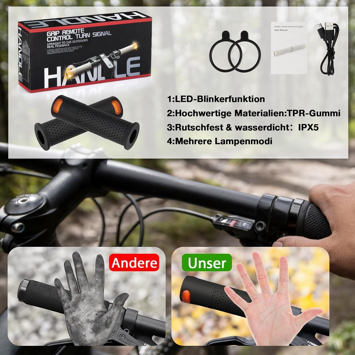 E-Scooter Blinker mit Lenkergriffen – LED Blinklicht Set mit kabelloser Fernbedienung | USB wiederaufladbar | Universell