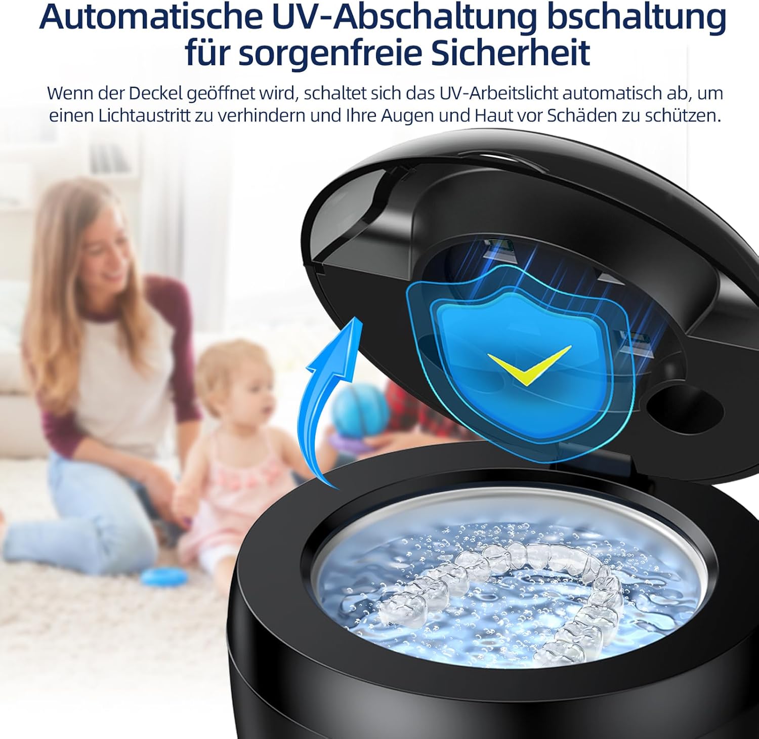 Ultraschallreinigungsgerät 45 kHz mit UV-Reinigung – Für Zahnschienen, Retainer, Prothesen, Schmuck & Zahnbürstenköpfe | 4 Reinigungsmodi | Schwarz