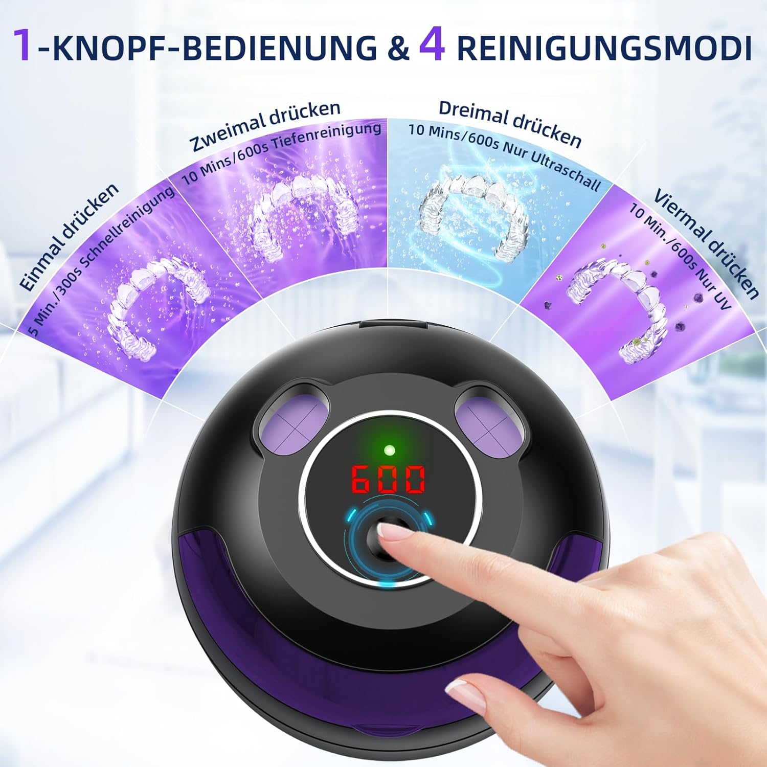 Ultraschallreinigungsgerät 45 kHz mit UV-Reinigung – Für Zahnschienen, Retainer, Prothesen, Schmuck & Zahnbürstenköpfe | 4 Reinigungsmodi | Schwarz