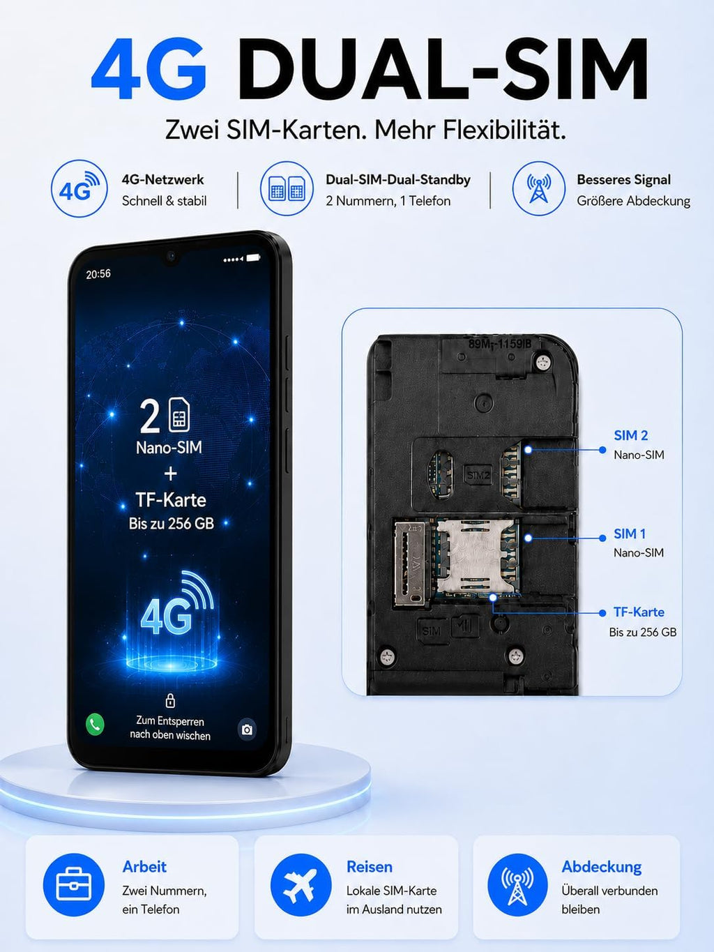 INVENS Note TK01 Smartphone ohne Vertrag – 6,52 Zoll HD+, 7 GB RAM + 32 GB Speicher, 4G LTE, Dual SIM, Android 12 – Blau