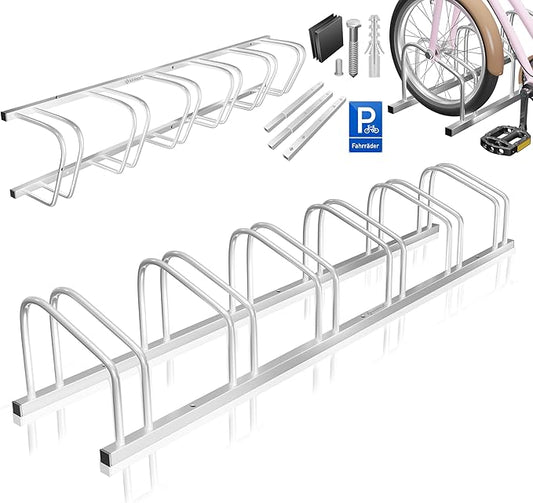 Fahrradständer für 6 Fahrräder inkl. Parkschild | Mehrfachständer mit 37cm Radabstand für 30-65mm Reifenbreite | Fahrradhalter Aufstellständer für Boden- oder Wandmontage | Radständer Silber - AUCH FÜR E-BIKES GEEIGNET