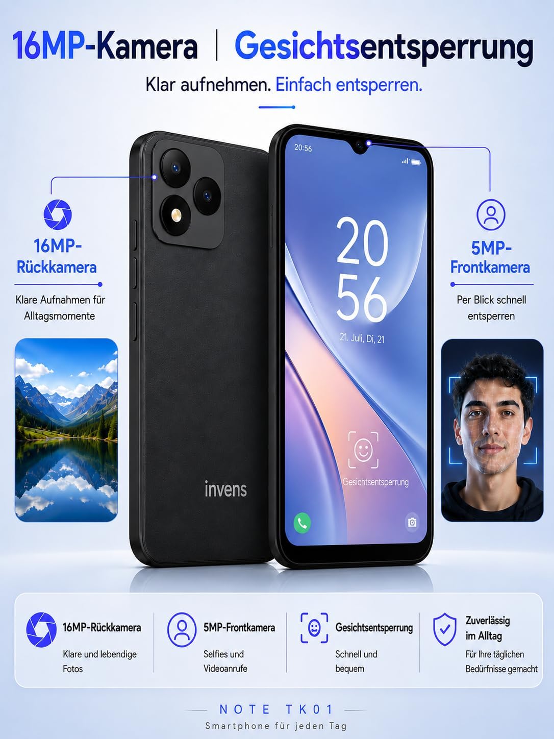 INVENS Note TK01 Smartphone ohne Vertrag – 6,52 Zoll HD+, 7 GB RAM + 32 GB Speicher, 4G LTE, Dual SIM, Android 12 – Blau