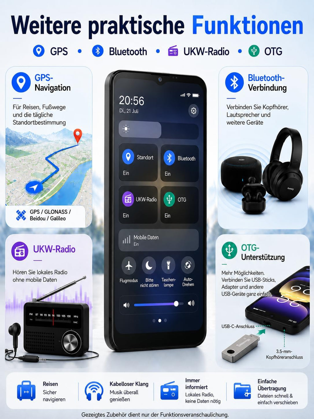 INVENS Note TK01 Smartphone ohne Vertrag – 6,52 Zoll HD+, 7 GB RAM + 32 GB Speicher, 4G LTE, Dual SIM, Android 12 – Blau