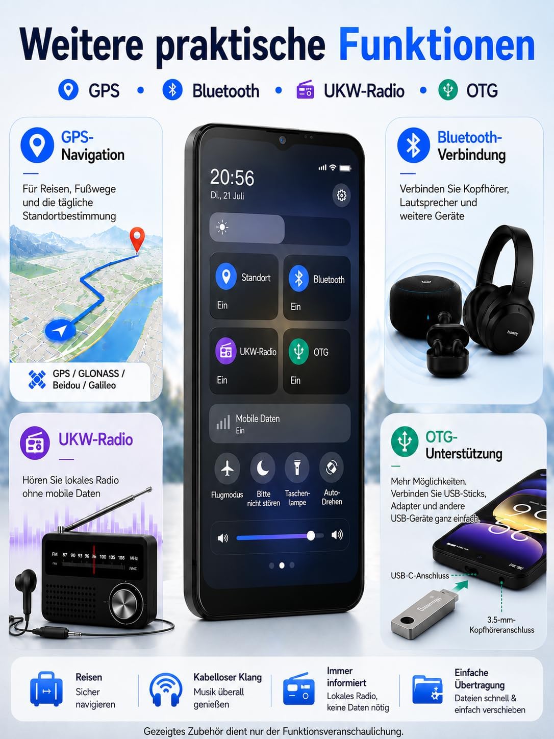 INVENS Note TK01 Smartphone ohne Vertrag – 6,52 Zoll HD+, 7 GB RAM + 32 GB Speicher, 4G LTE, Dual SIM, Android 12 – Blau