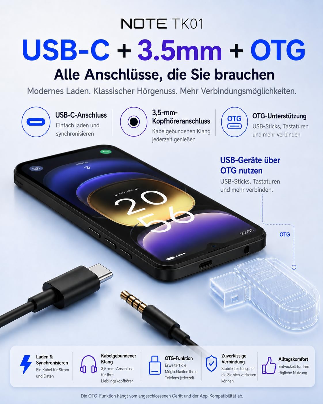 INVENS Note TK01 Smartphone ohne Vertrag – 6,52 Zoll HD+, 7 GB RAM + 32 GB Speicher, 4G LTE, Dual SIM, Android 12 – Blau