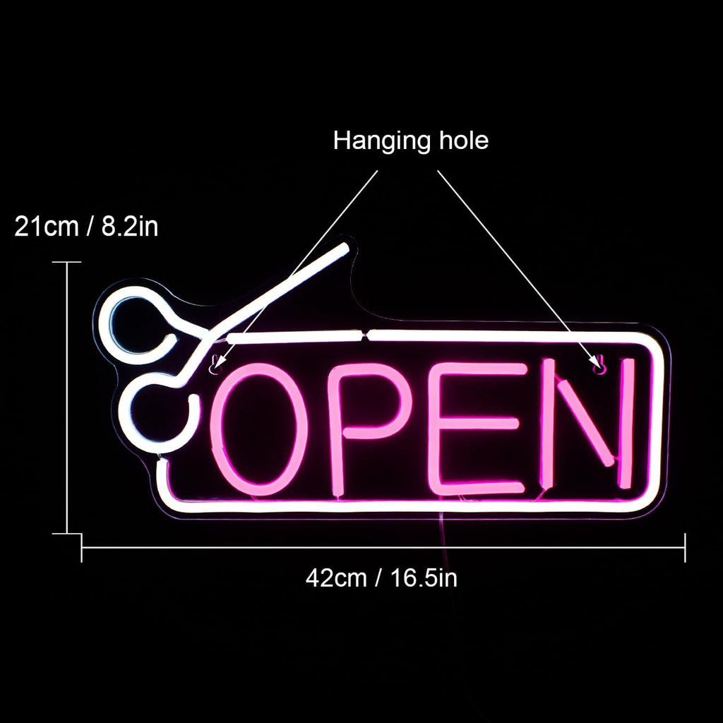 OPEN Neon Schild mit Scheren-Motiv – LED Leuchtreklame für Salon, Barbershop & Geschäft