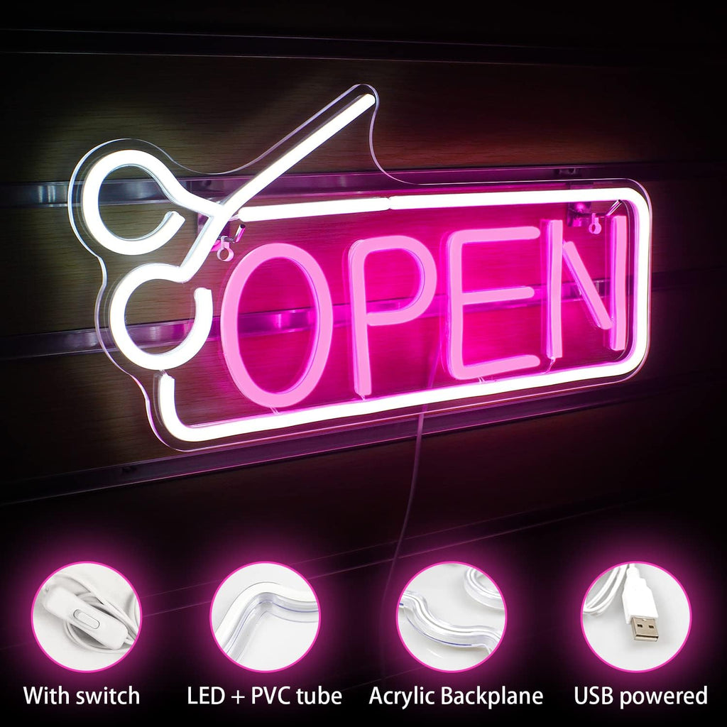 OPEN Neon Schild mit Scheren-Motiv – LED Leuchtreklame für Salon, Barbershop & Geschäft