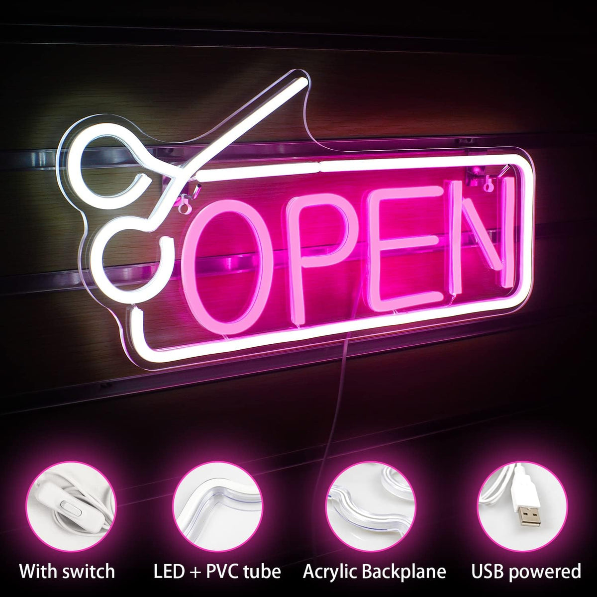 OPEN Neon Schild mit Scheren-Motiv – LED Leuchtreklame für Salon, Barbershop & Geschäft