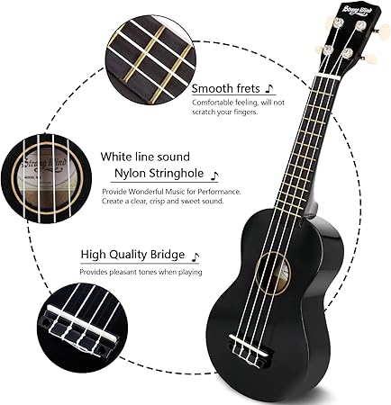 Strong Wind Sopran Ukulele 21 Zoll Lindenholz Ukulelen für Anfänger Vier Saiten Hawaii Gitarre Ukulele für Erwachsene Jugendliche, Schwarz