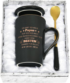 Joymaking Papa Tasse mit Spruch – Geschenk für Papa zum Geburtstag, Vatertag & Weihnachten – Kaffeebecher 400 ml mit Deckel & Goldlöffel, Schwarz, Geschenkbox
