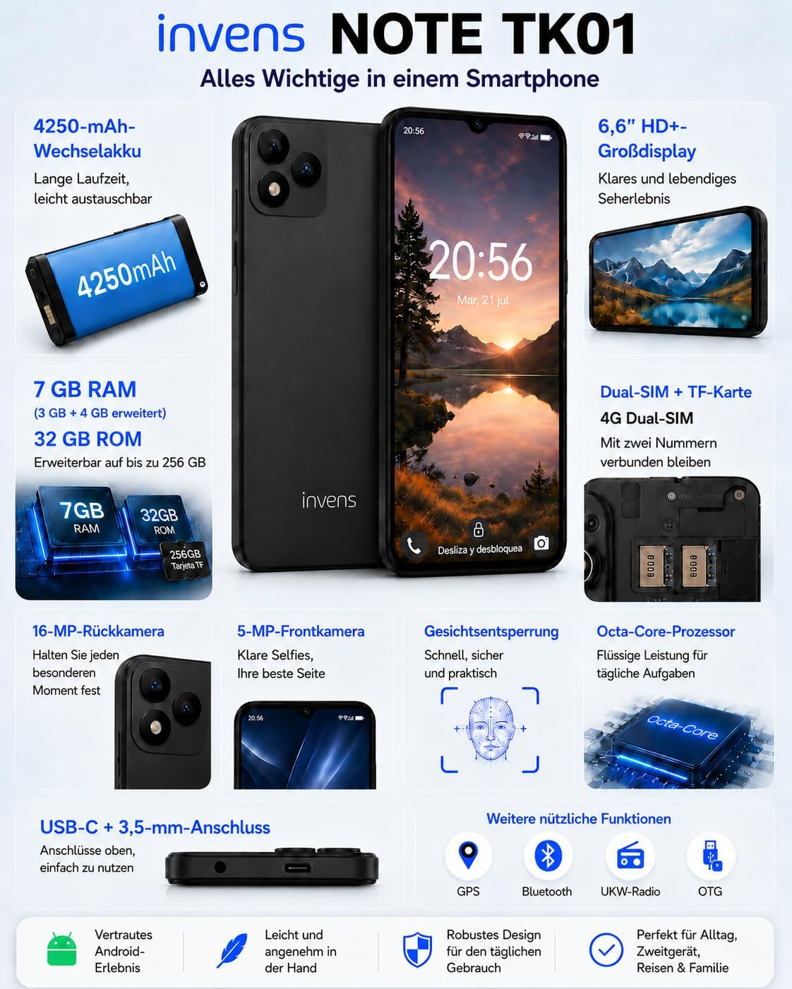 INVENS Note TK01 Smartphone ohne Vertrag – 6,52 Zoll HD+, 7 GB RAM + 32 GB Speicher, 4G LTE, Dual SIM, Android 12 – Blau