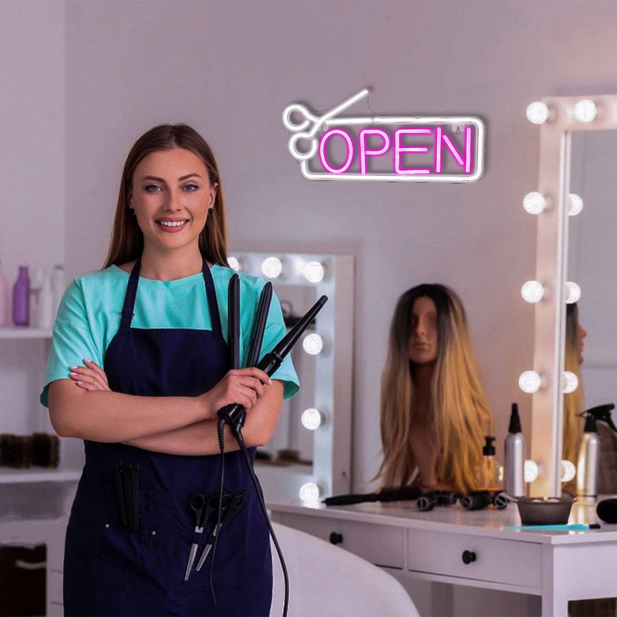OPEN Neon Schild mit Scheren-Motiv – LED Leuchtreklame für Salon, Barbershop & Geschäft