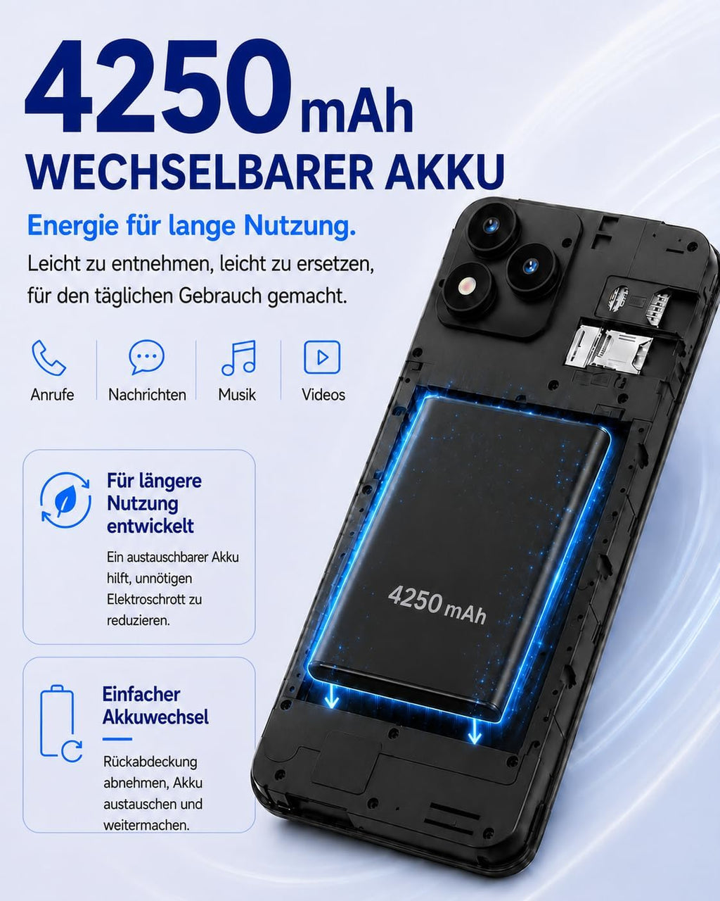 INVENS Note TK01 Smartphone ohne Vertrag – 6,52 Zoll HD+, 7 GB RAM + 32 GB Speicher, 4G LTE, Dual SIM, Android 12 – Blau