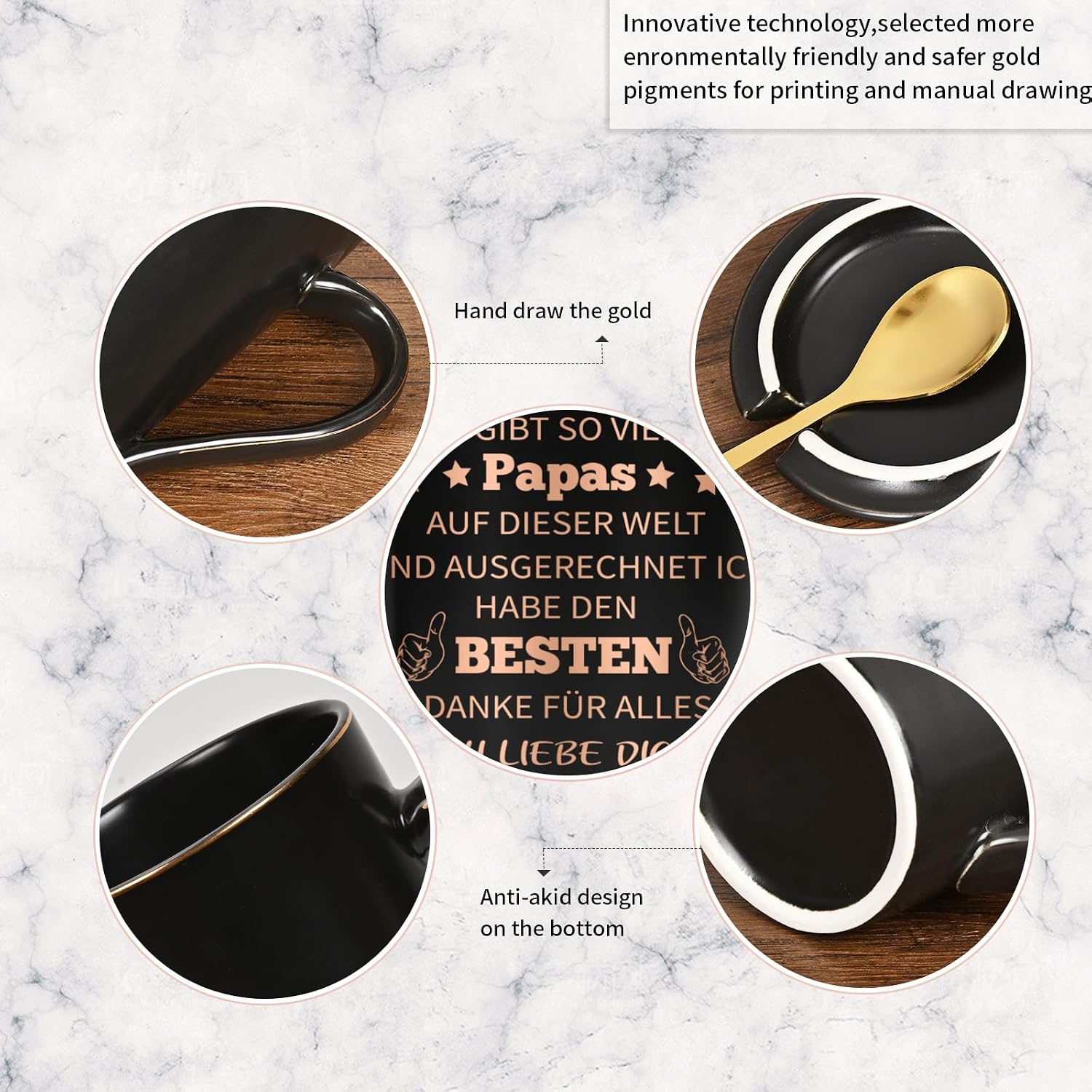 Joymaking Papa Tasse mit Spruch – Geschenk für Papa zum Geburtstag, Vatertag & Weihnachten – Kaffeebecher 400 ml mit Deckel & Goldlöffel, Schwarz, Geschenkbox