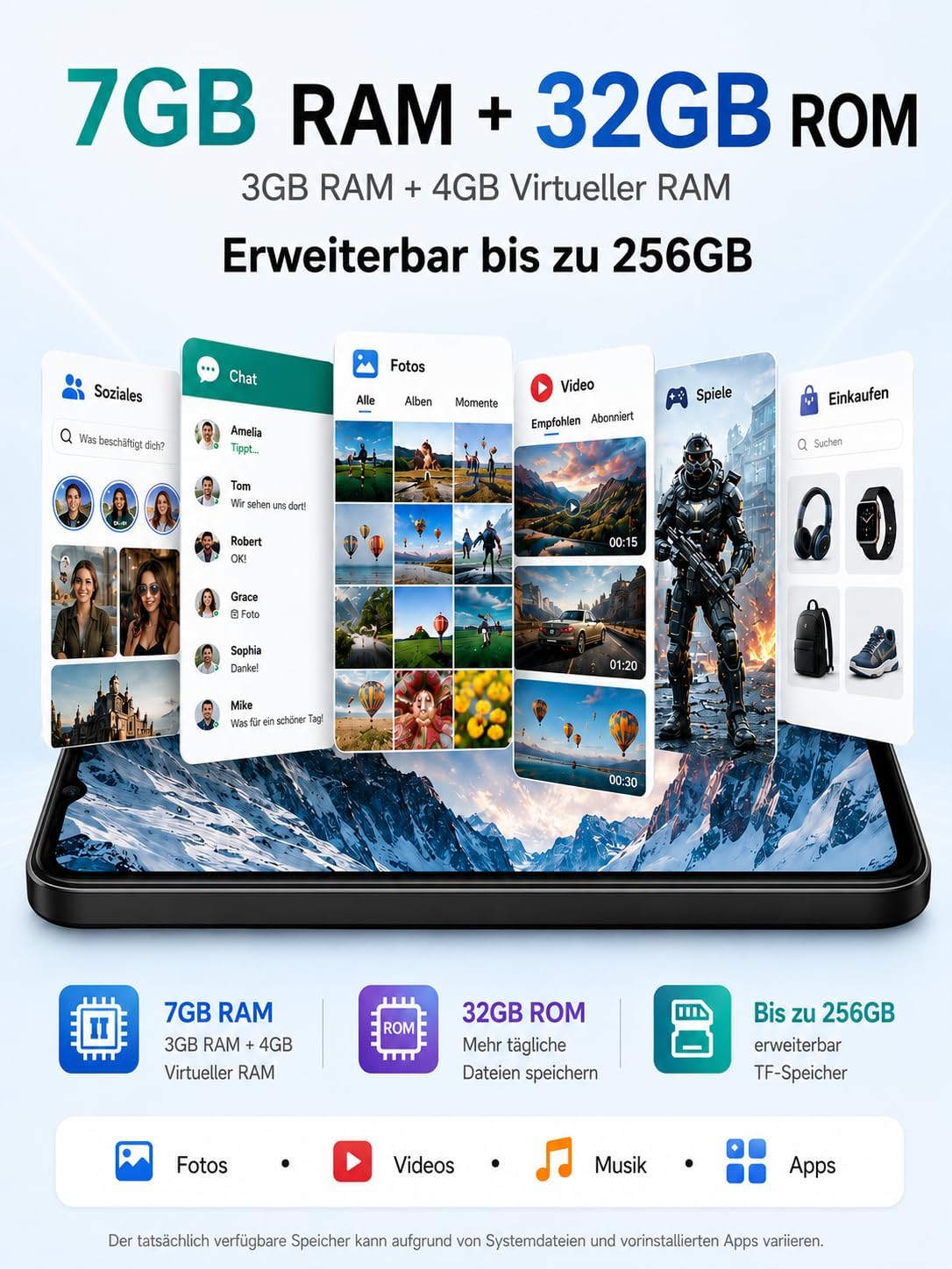 INVENS Note TK01 Smartphone ohne Vertrag – 6,52 Zoll HD+, 7 GB RAM + 32 GB Speicher, 4G LTE, Dual SIM, Android 12 – Blau