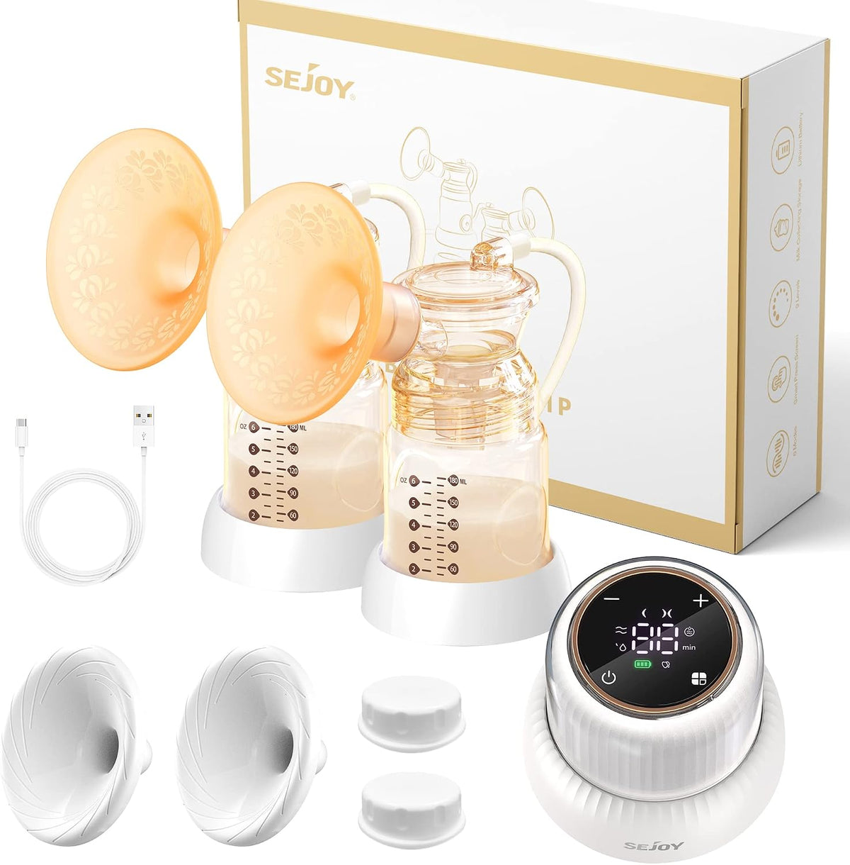 Sejoy YM8076 Milchpumpen elektrisch Doppel, Breast Pump Doppelmilchpumpe, mit 6 Modi und 9 Saugstufen, tragbar wiederaufladbar, Speicherfunktion, LED-Bildschirm, für unterwegs und zu Hause, BPA-frei