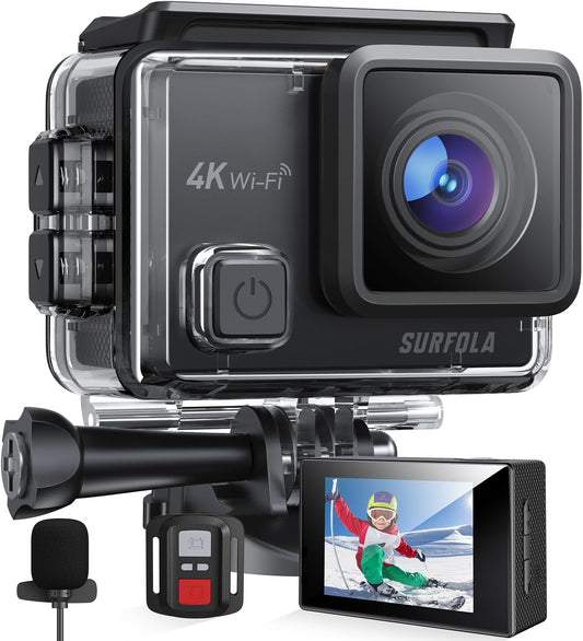Surfola Action Cam 4K, Unterwasserkamera 40M Wasserdicht 20MP EIS Bildstabilisierun 170° Weitwinkel Helmkamera WiFi Actionkameras mit Externem Mikrofon 2 Akkus und Zubehör Kit 2.4G Fernbedienung