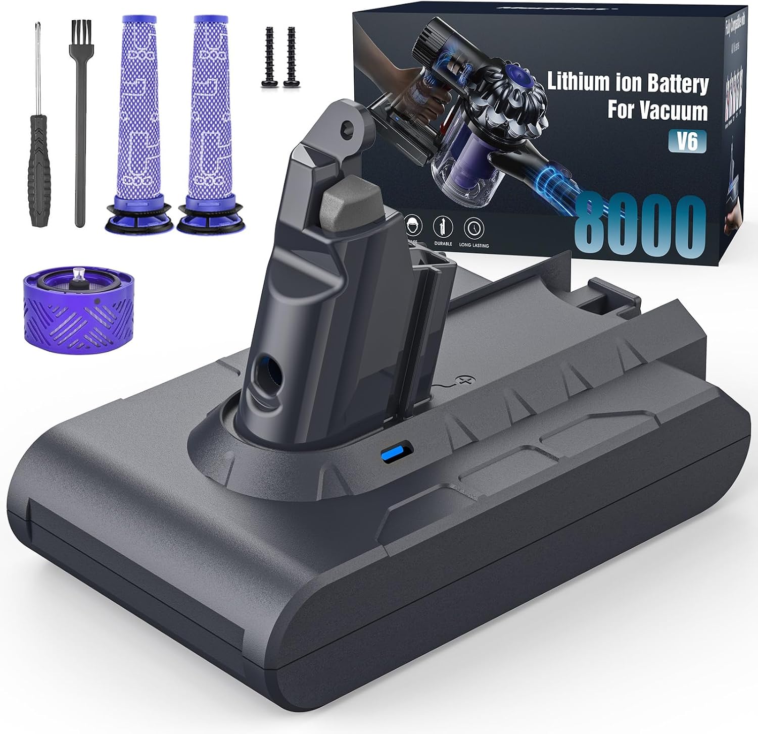 Morpilot 8000mAh Akku für Dyson V6, Ersatzakku für DC62 SV03 DC58 DC59 DC61 DC72 DC74 SV06 SV09 mit 3 waschbaren Filtern