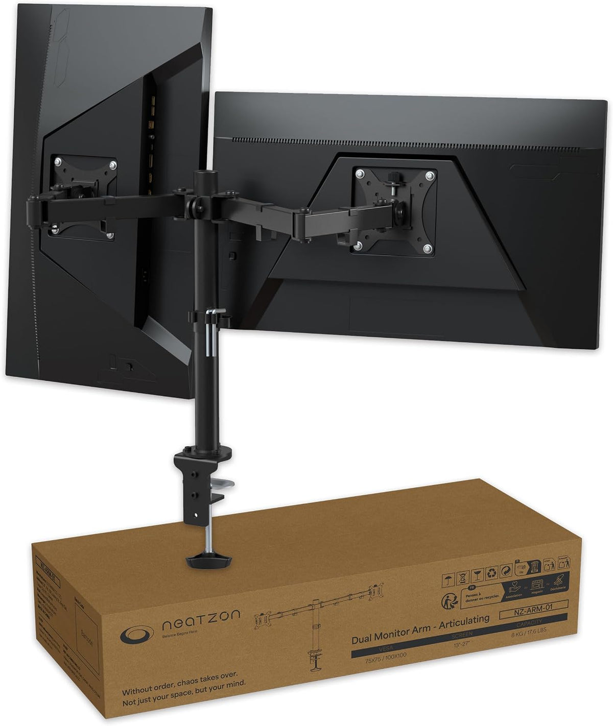 Dual Monitor Halterung NZ-ARM-01 – für 2 Monitore 13–27 Zoll | VESA 75x75 / 100x100