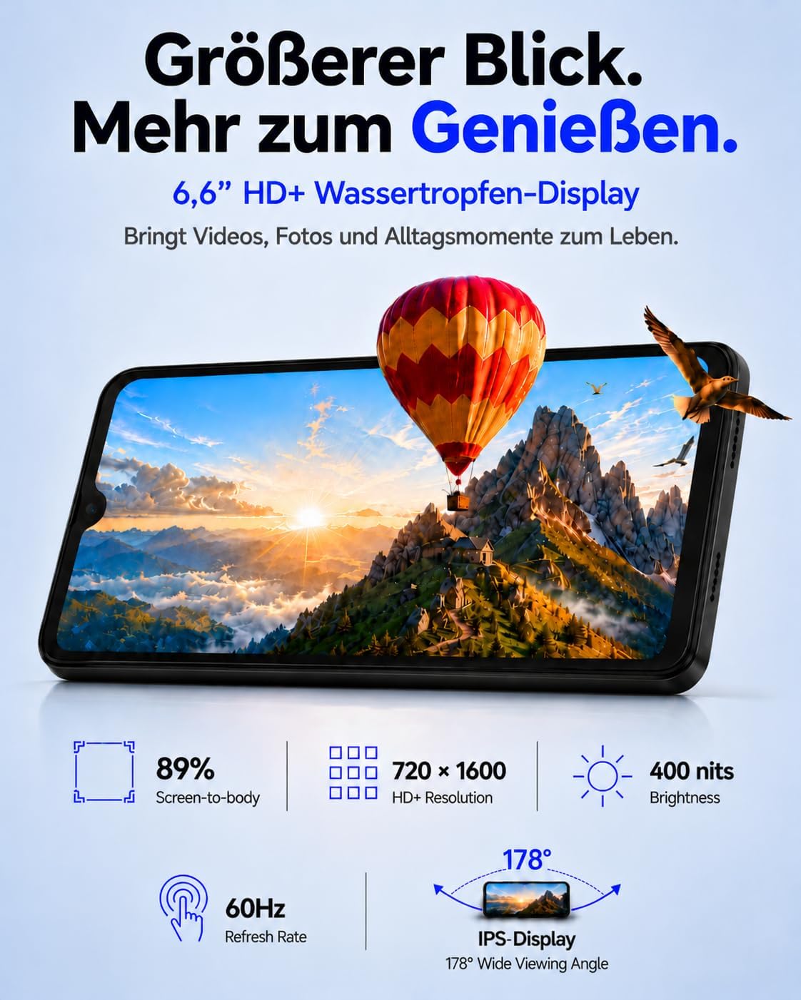 INVENS Note TK01 Smartphone ohne Vertrag – 6,52 Zoll HD+, 7 GB RAM + 32 GB Speicher, 4G LTE, Dual SIM, Android 12 – Blau