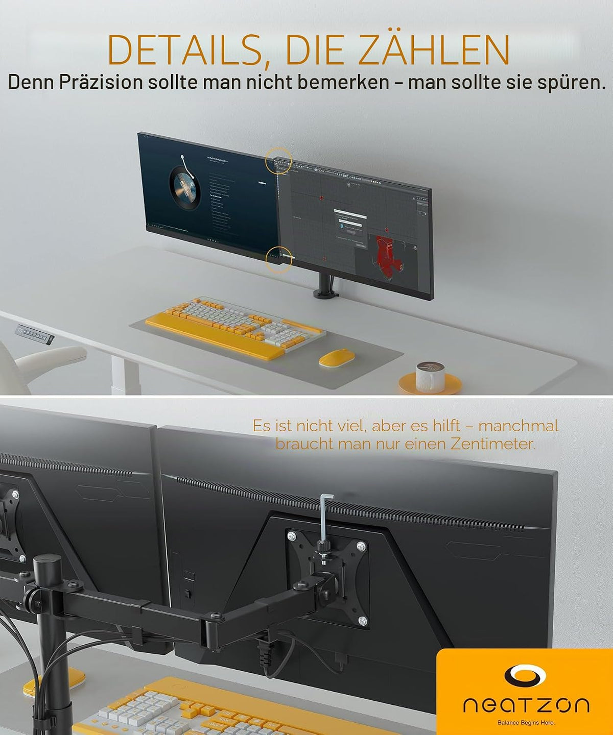 Dual Monitor Halterung NZ-ARM-01 – für 2 Monitore 13–27 Zoll | VESA 75x75 / 100x100