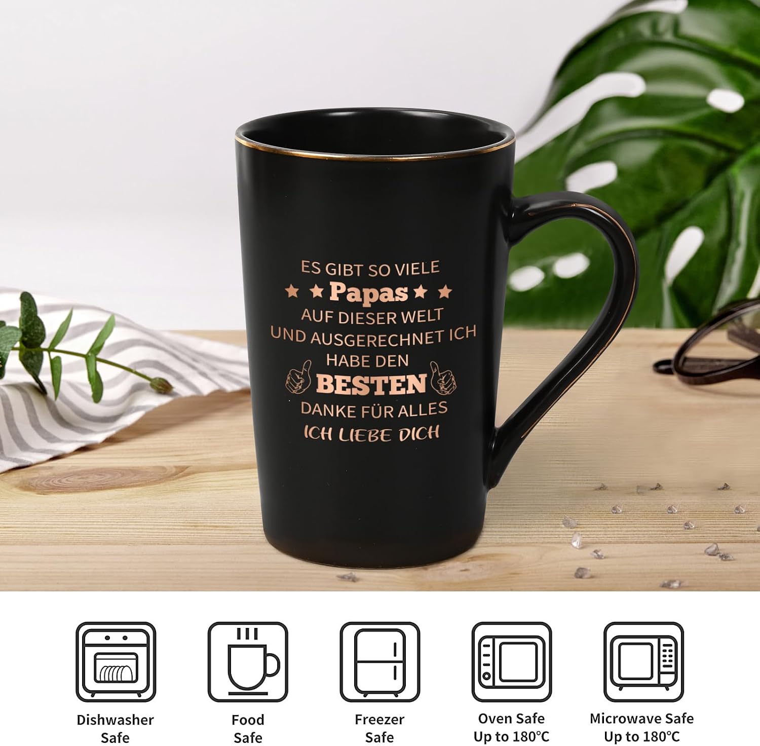 Joymaking Papa Tasse mit Spruch – Geschenk für Papa zum Geburtstag, Vatertag & Weihnachten – Kaffeebecher 400 ml mit Deckel & Goldlöffel, Schwarz, Geschenkbox
