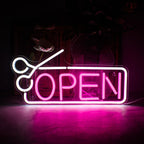 OPEN Neon Schild mit Scheren-Motiv – LED Leuchtreklame für Salon, Barbershop & Geschäft