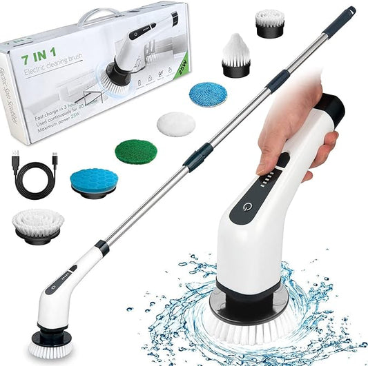 Elektrischer Schleuderwäscher, Akku-Reinigungsbürste mit 7 austauschbaren Bohrbürstenköpfen, Wanne und Bodenfliesen Power Scrubber Mop mit verstellbarem Griff für Badezimmer Küche Auto (Weiß)