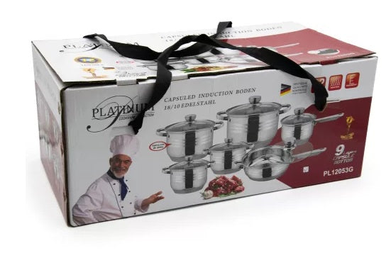 Platinum Cookware PL-12053G * 12-teiliges Kochgeschirr-Set aus Edelstahl mit Streifen-Akzent * Für ALLE Herdarten * UVP: 199,-€ *