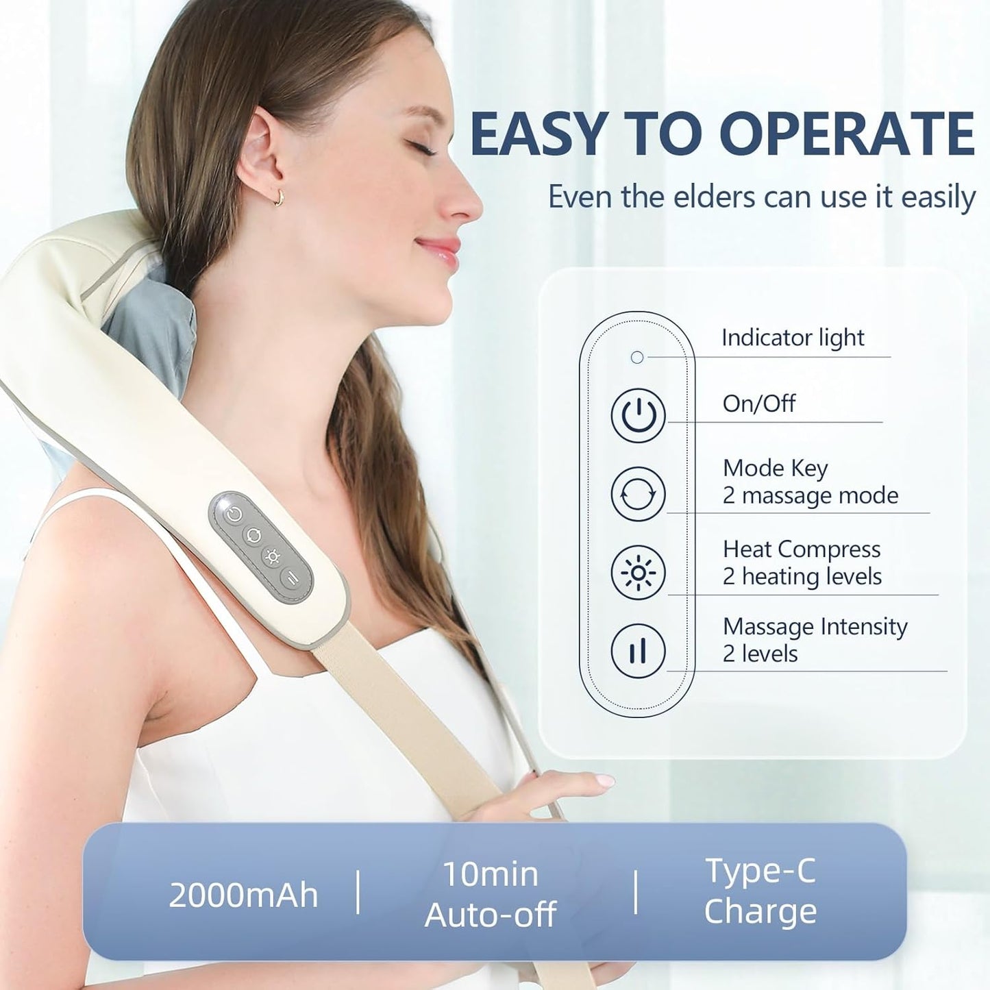 Nackenmassagegerät mit Wärme, Kabelloses Nackenmassagegerät zur Schmerzlinderung, elektrische Shiatsu Schulter Massagegerät mit verstellbaren Trägern für oberen unteren Rückens, Taillenmuskel white