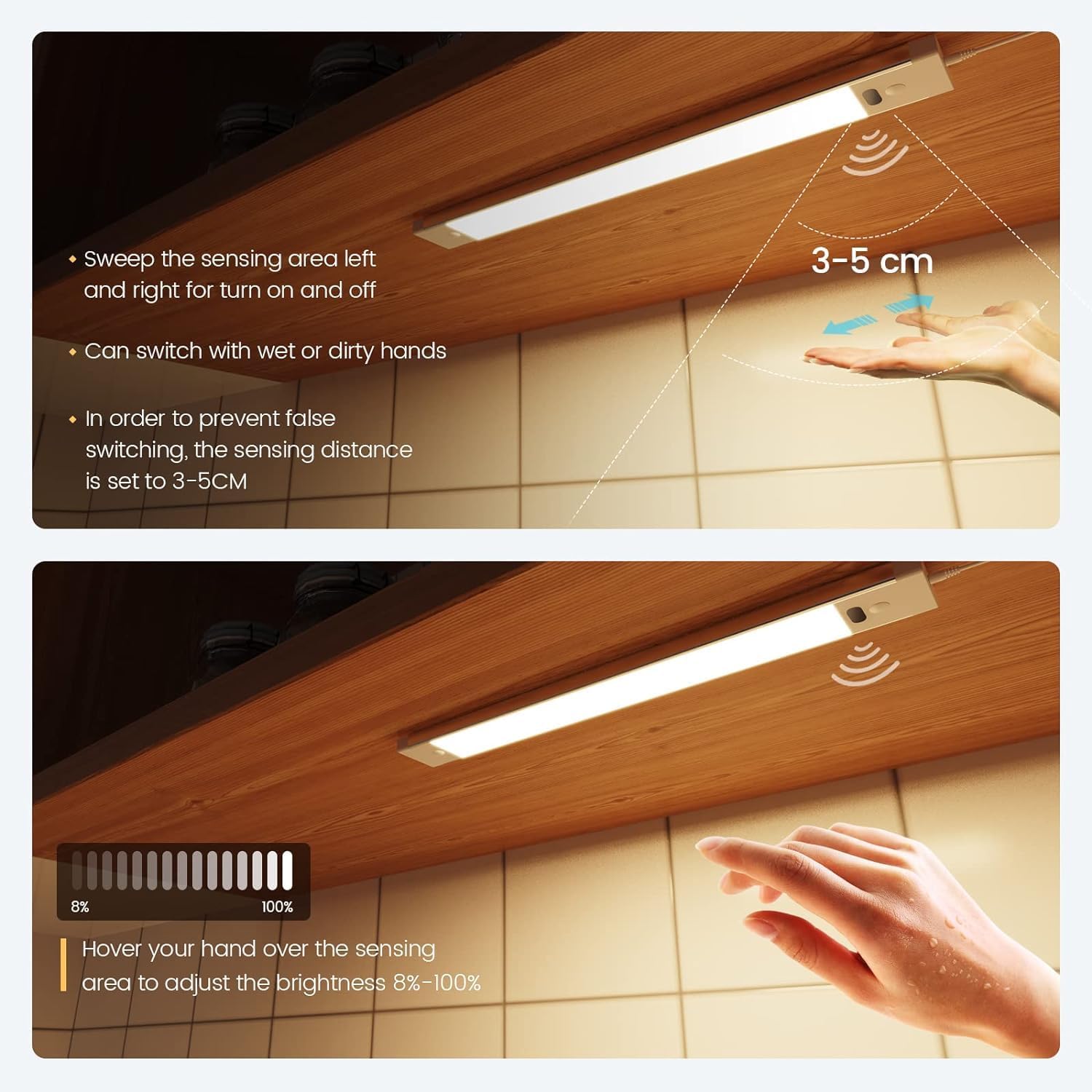 2 LED Unterbauleuchte 30 cm – Smarte Schrankbeleuchtung mit Berührungslosem Sensor & Dimmfunktion