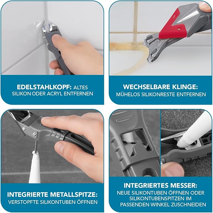 Fugentorpedo FUGENTORPEDO 2x Silikonentferner 5in1 zur Entfernung alter und Verarbeitung neuer Silikon- und Acrylfugen | Entfernen und Glätten mit nur einem Tool für 28 verschiedene Fugen