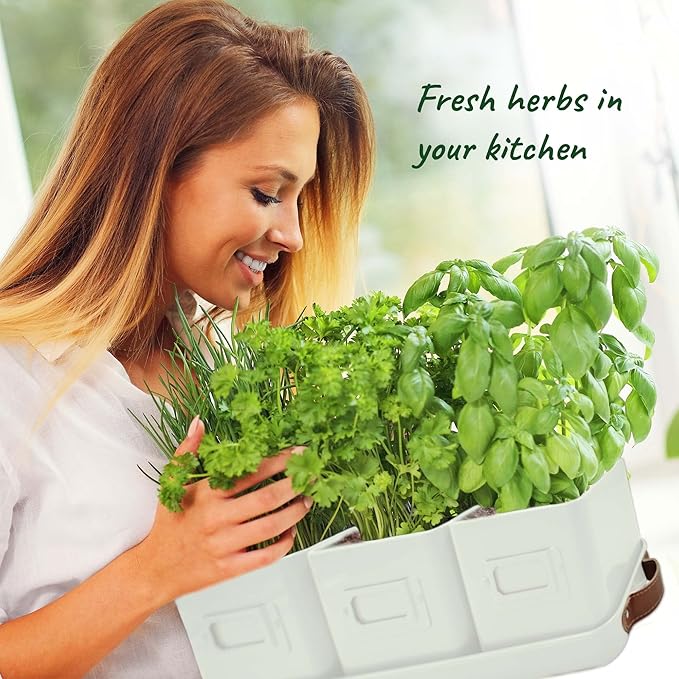 volila Fenster-Kräutergarten-Pflanzgefäß für den Innenbereich – Fenster-Kräuter-Pflanztöpfe für Zimmerpflanzen mit Ledergriffen und Etiketten – für Küchenfensterbank-Dekor, Zimmerpflanzen, Kräuter