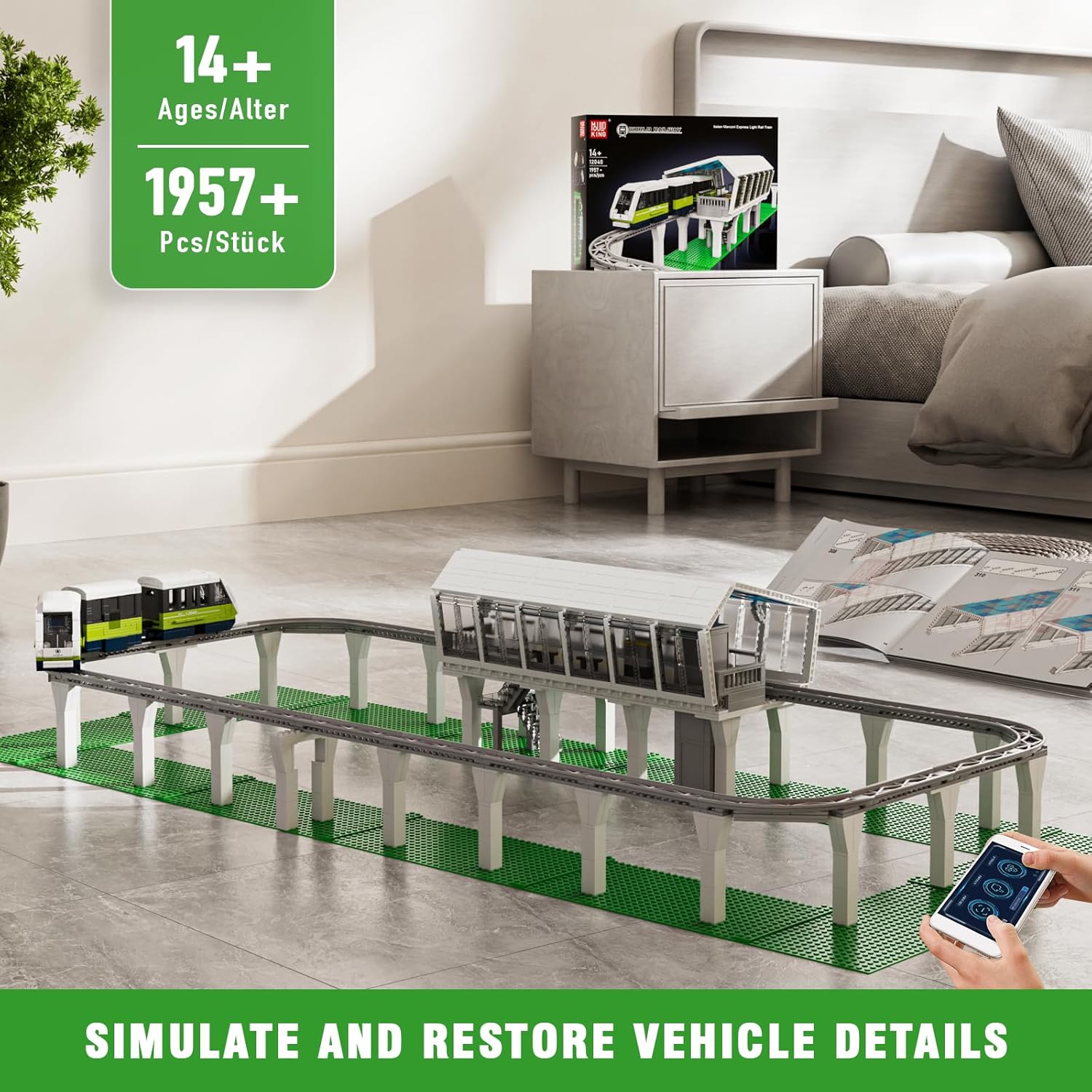 Mould King 12040 Technik Ferngesteuerter Zug mit Bahnhof – 1.957 Teile | Elektrischer Klemmbaustein-Bausatz