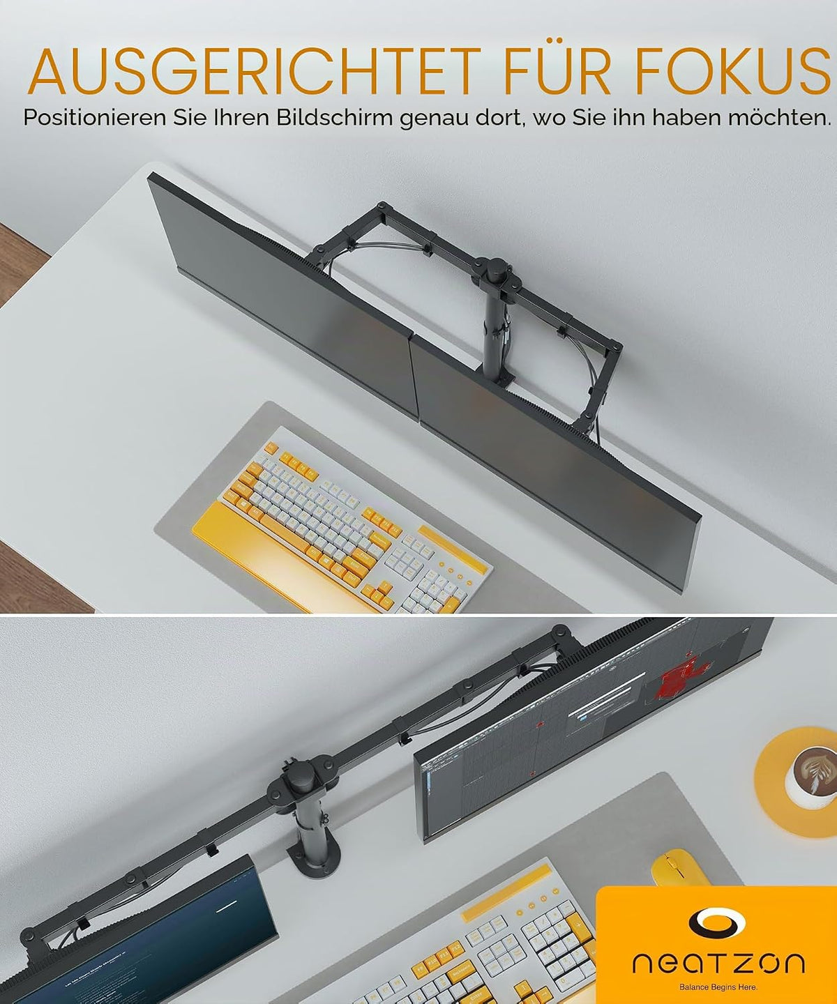 Dual Monitor Halterung NZ-ARM-01 – für 2 Monitore 13–27 Zoll | VESA 75x75 / 100x100
