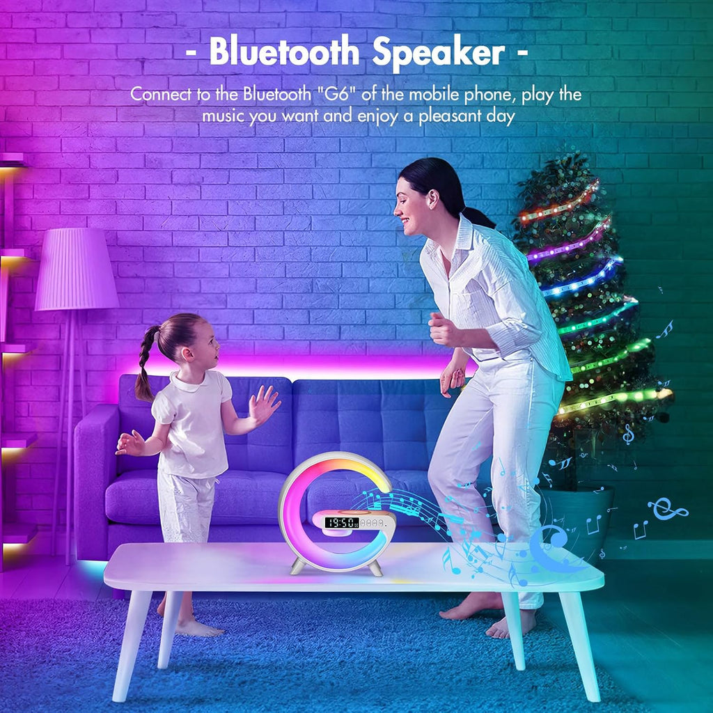 Intelligente 4-in-1 LED-Nachttischlampe mit Bluetooth-Lautsprecher & kabelloser Ladestation