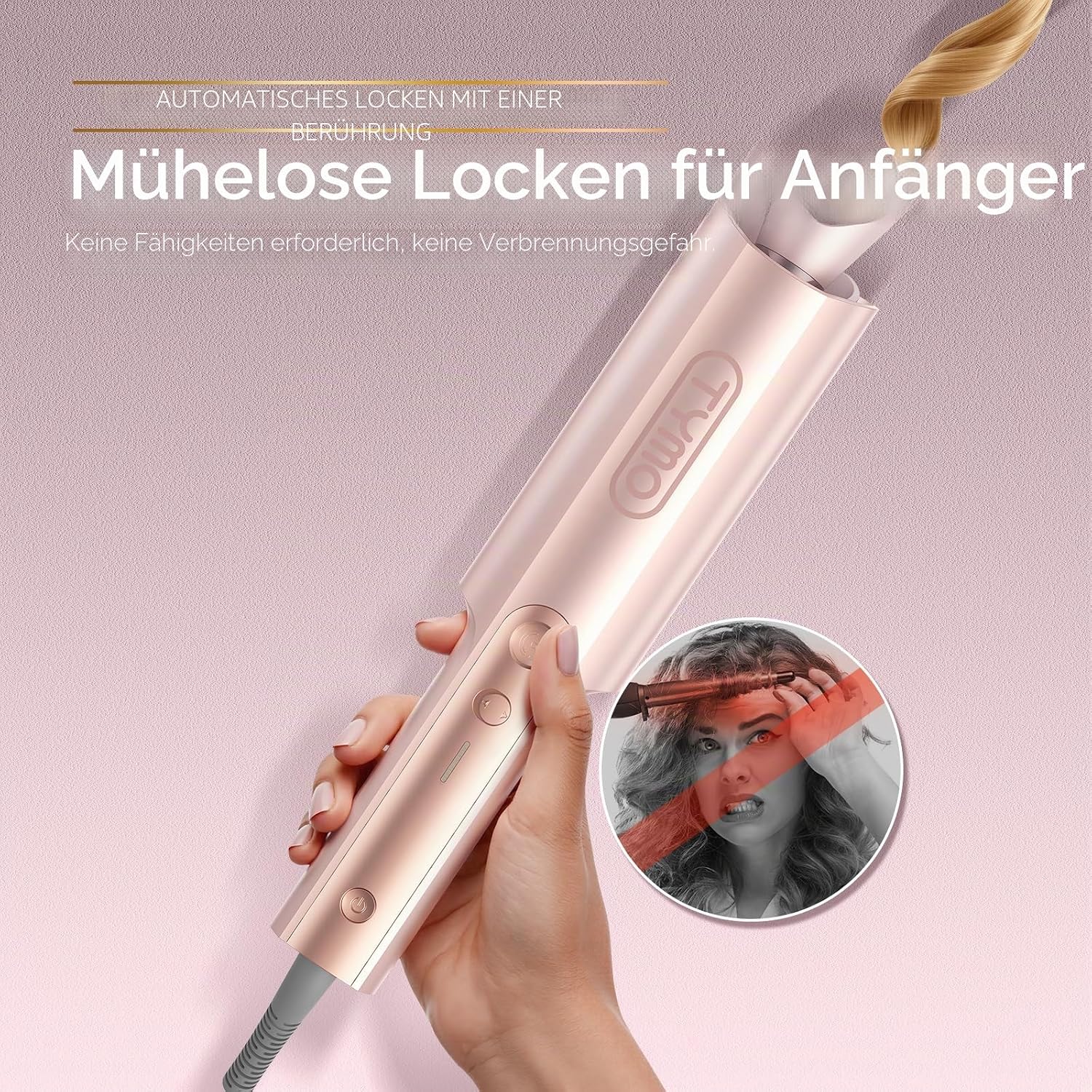 TYMO CURLPRO Plus Automatischer Lockenstab 25 mm – Beach Waves & Große Locken | Keramik | Anti-Verbrennung | Gold/Rosé