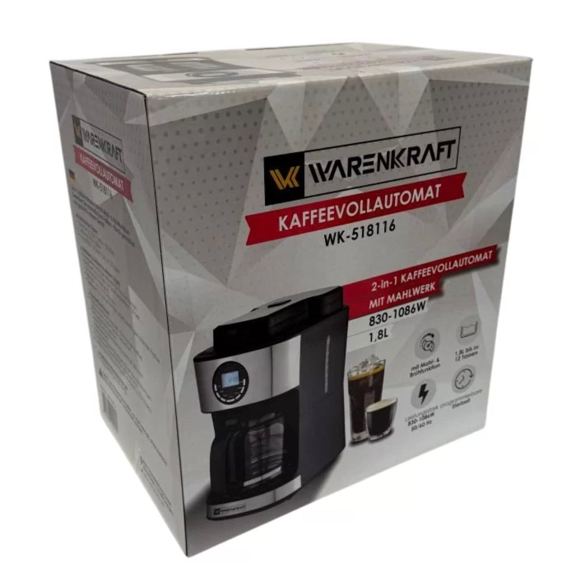 Warenkraft Kaffeemaschine (Vollautomat) mit Mahlwerk 1,8L – 2-in-1 Bohnen & Pulver, 12 Tassen