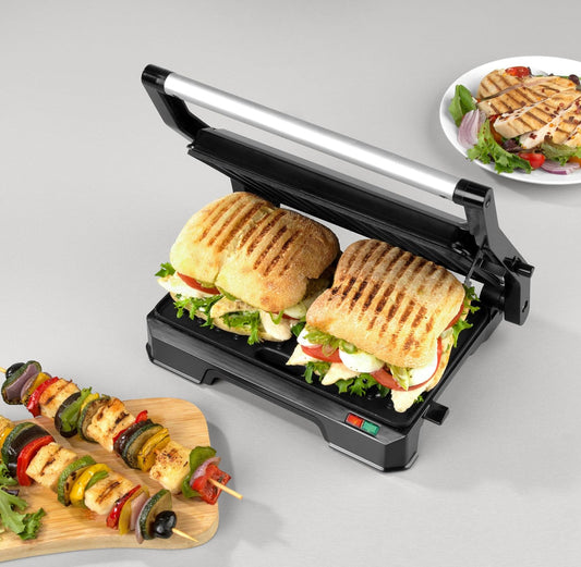 Progress EK5854P 2-in-1-Gesundheitsgrill - Panini-Presse, elektrischer Grill mit Antihaft-Platten, öffnet sich bis zu 180° für das duale Kochen, abnehmbarer Tropfbehälter, einfach zu reinigen, 850W