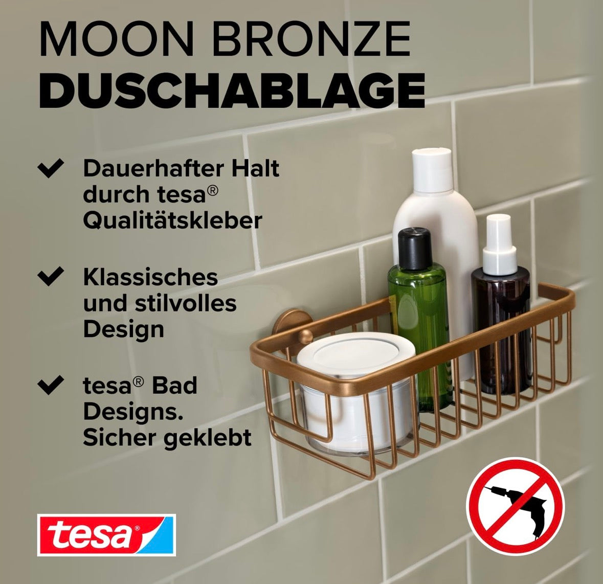 Elegante Ordnung ohne Bohren – tesa® MOON BRONZE Duschablage in gebürsteter Bronze