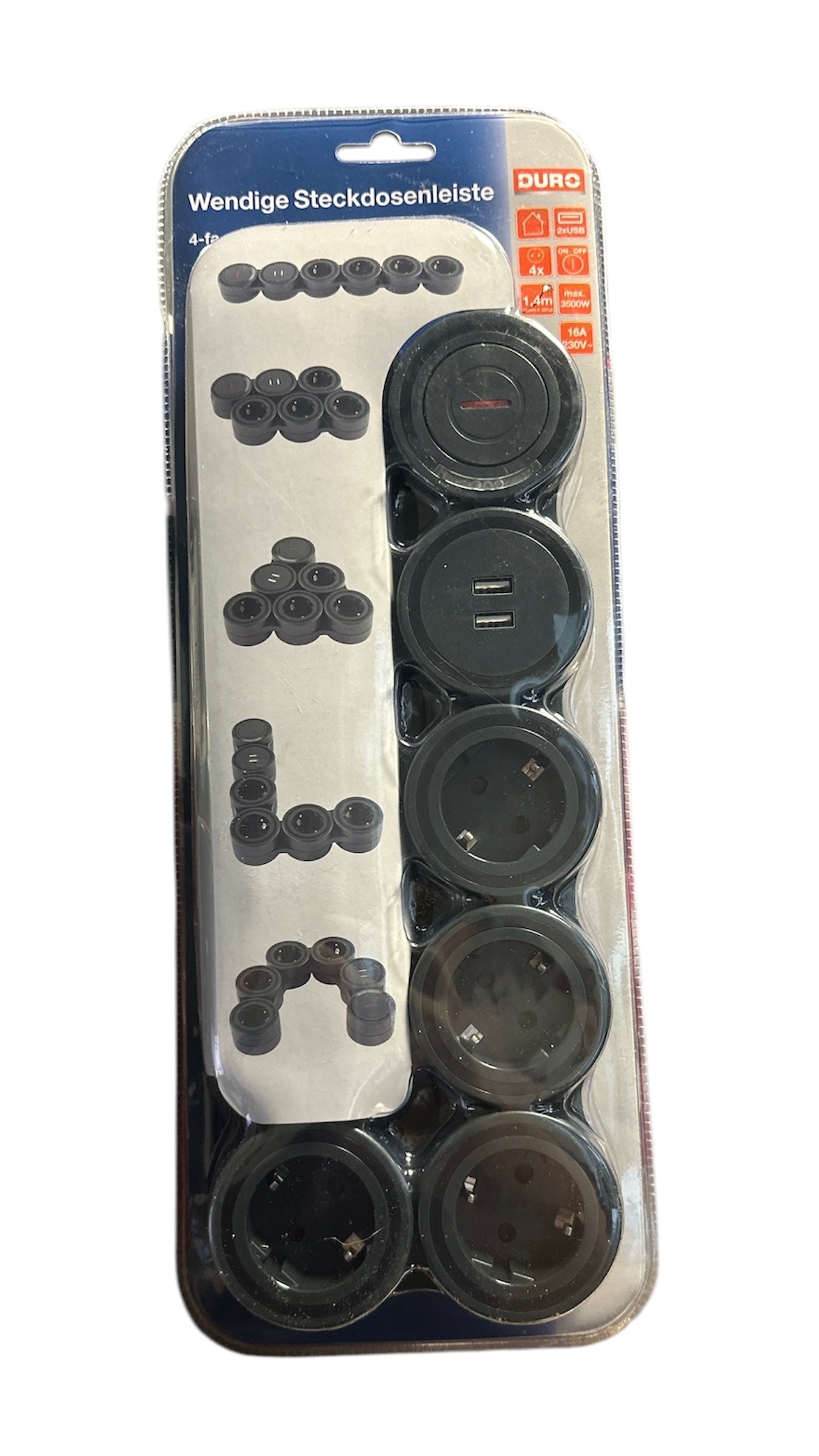 DURO Wendige Steckdosenleiste 4-fach mit Ein/Aus Schalter und 2x USB  Farbe Schwarz