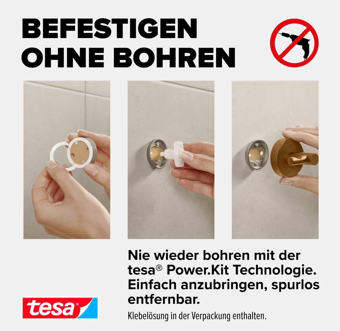 Elegante Ordnung ohne Bohren – tesa® MOON BRONZE Duschablage in gebürsteter Bronze