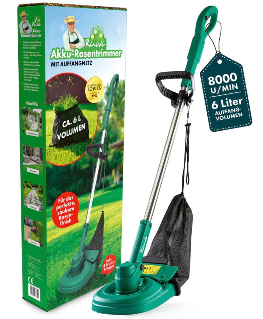 Akku-Rasentrimmer * RuWi mit Auffangbehälter * Akku 12V incl. * Bekannt aus der TV Show „Die Höhle der Löwen“