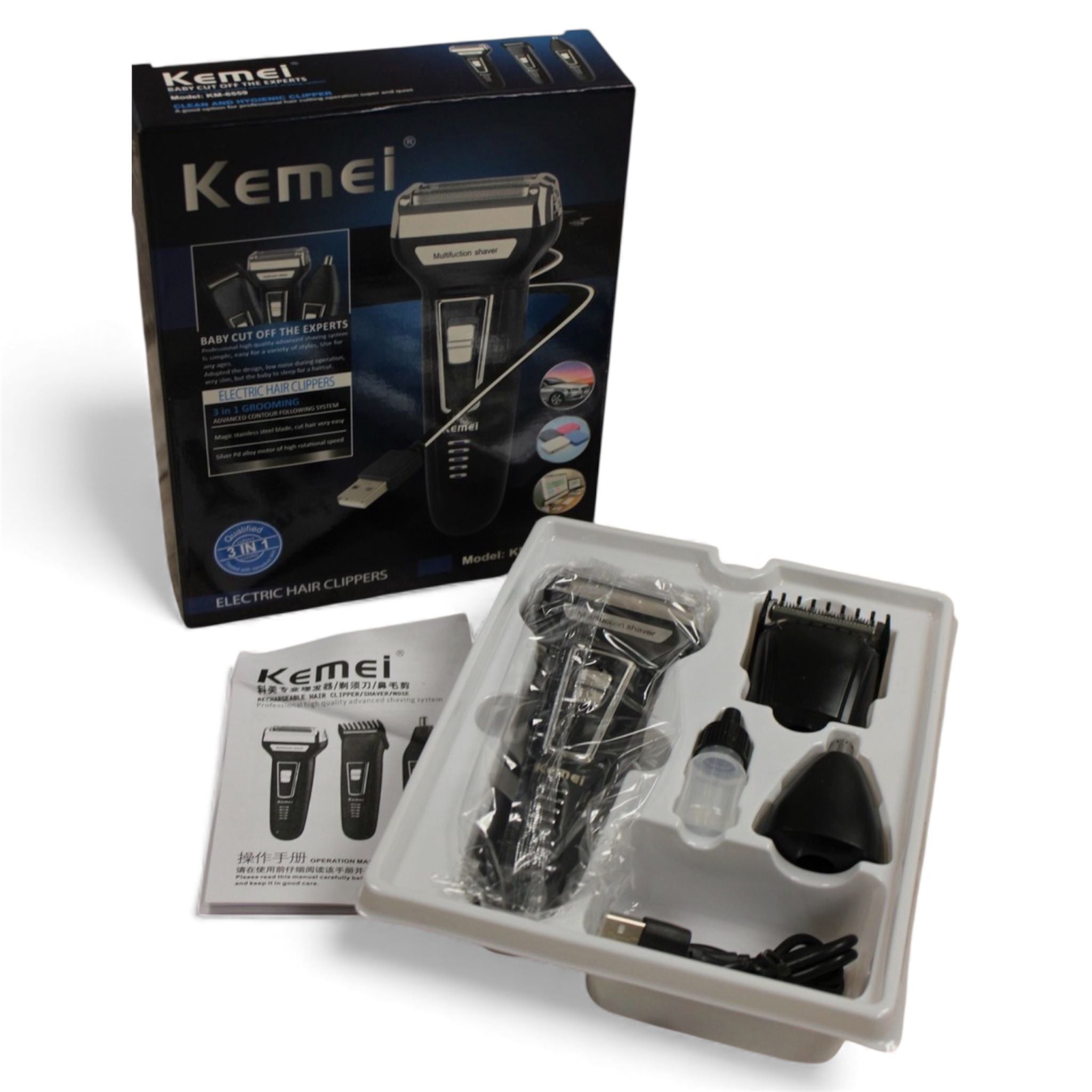 Kemei KM-6558 – Der vielseitige 3-in-1 Multifunktionsrasierer für perfekte Pflege (Bart, Haare, Nase)