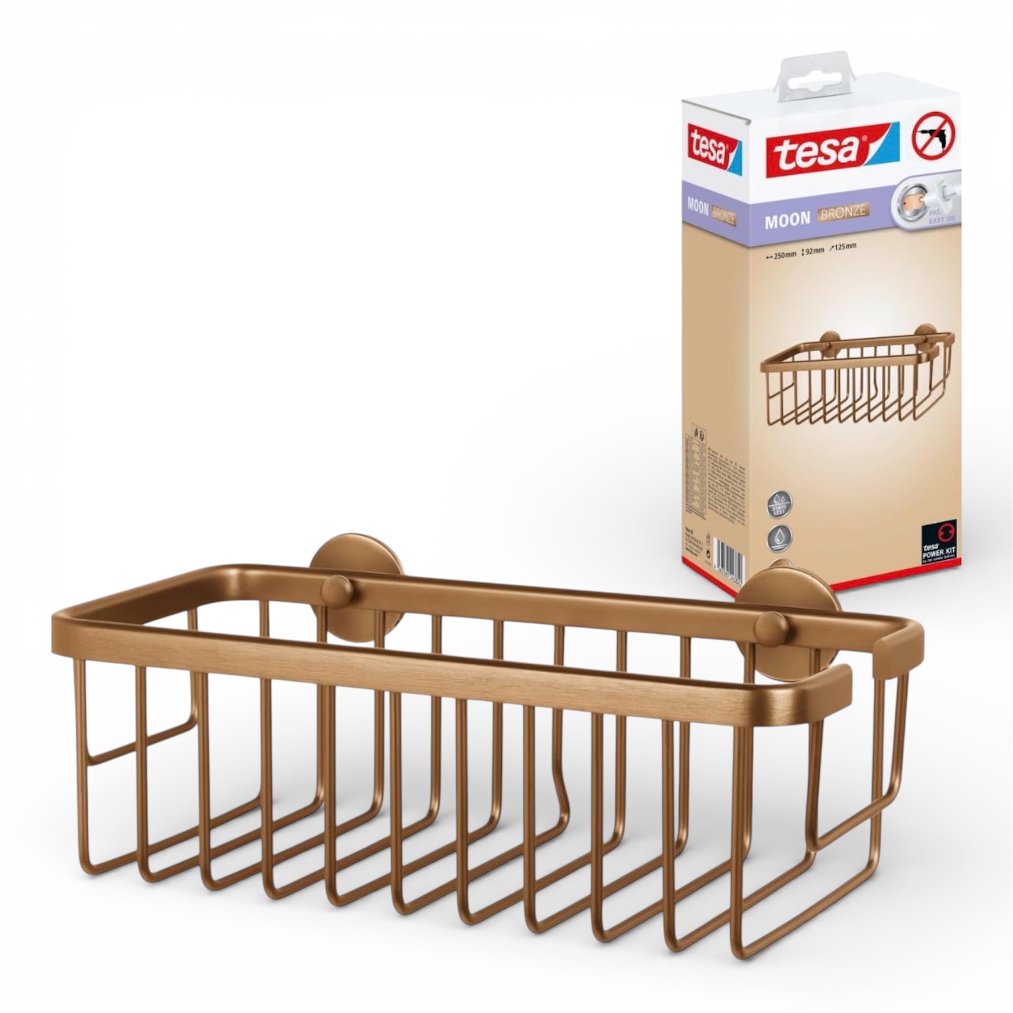 Elegante Ordnung ohne Bohren – tesa® MOON BRONZE Duschablage in gebürsteter Bronze