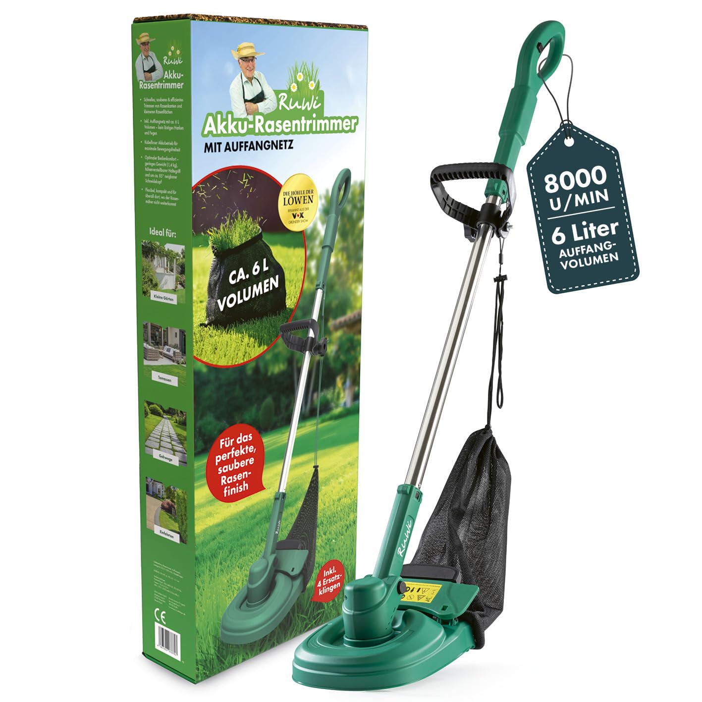 Akku-Rasentrimmer * RuWi mit Auffangbehälter * Akku 12V incl. * Bekannt aus der TV Show „Die Höhle der Löwen“